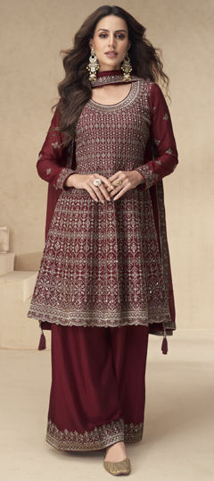 Red and Maroon color Salwar Kameez in Silk fabric with Embroidered, Sequence, Thread work