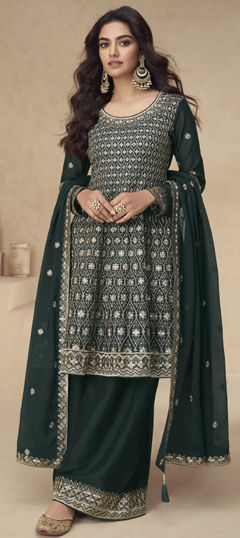 Green color Salwar Kameez in Silk fabric with Embroidered, Sequence, Thread work