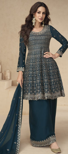 Blue color Salwar Kameez in Silk fabric with Embroidered, Sequence, Thread work