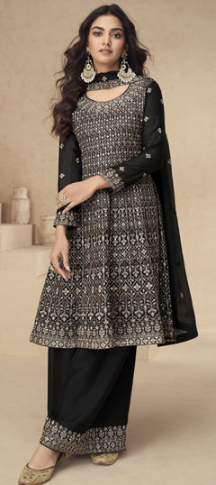 Black and Grey color Salwar Kameez in Silk fabric with Embroidered, Sequence, Thread work