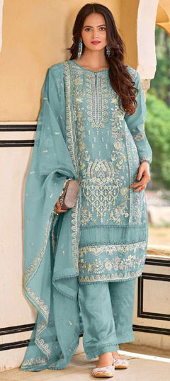 Blue color Salwar Kameez in Organza Silk fabric with Embroidered, Sequence, Thread work