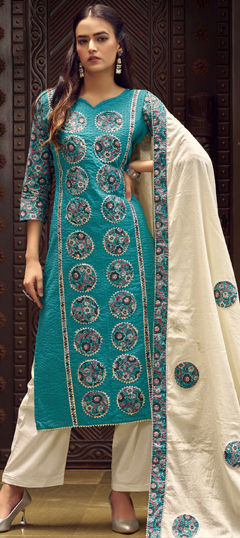 Blue color Salwar Kameez in Cotton fabric with Digital Print, Gota Patti, Patch, Resham work