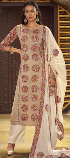 Beige and Brown color Salwar Kameez in Cotton fabric with Digital Print, Gota Patti, Patch, Resham work