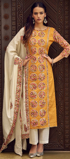 Yellow color Salwar Kameez in Cotton fabric with Digital Print, Gota Patti, Patch, Resham work