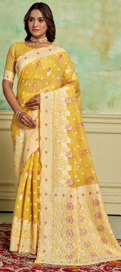 Yellow color Saree in Cotton fabric with Weaving work