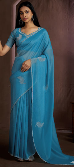 Blue color Saree in Crushed Silk fabric with Zircon work