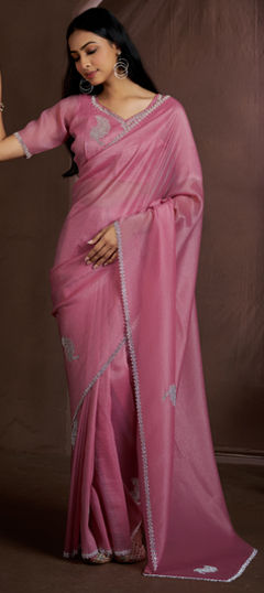 Pink and Majenta color Saree in Crushed Silk fabric with Zircon work