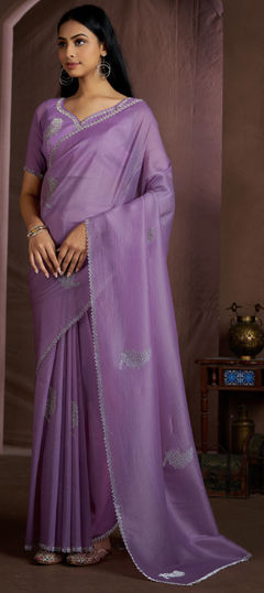 Purple and Violet color Saree in Crushed Silk fabric with Zircon work