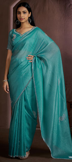 Green color Saree in Crushed Silk fabric with Zircon work