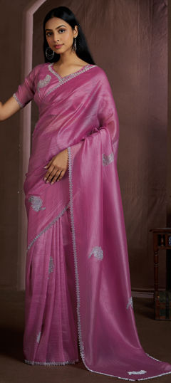 Pink and Majenta color Saree in Crushed Silk fabric with Zircon work