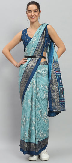 Blue color Readymade Saree in Art Silk, Silk fabric with Floral, Printed work