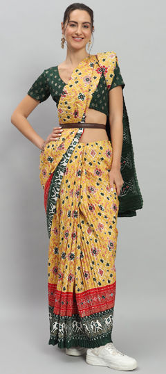 Yellow color Readymade Saree in Art Silk, Silk fabric with Floral, Printed work