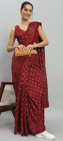 Red and Maroon color Readymade Saree in Art Silk, Silk fabric with Floral, Printed work