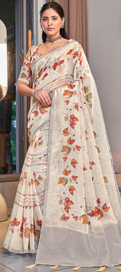 White and Off White color Saree in Linen fabric with Floral, Printed work