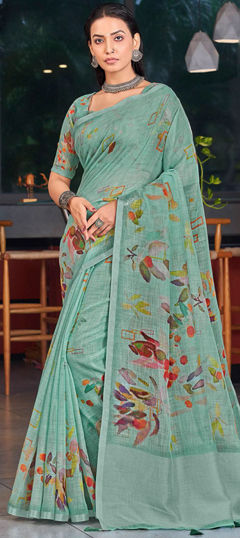 Green color Saree in Linen fabric with Floral, Printed work