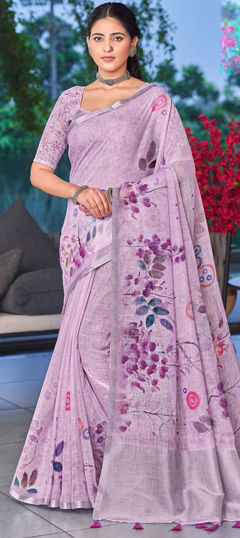 Purple and Violet color Saree in Linen fabric with Floral, Printed work