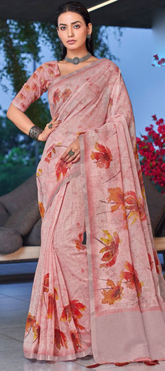 Beige and Brown color Saree in Linen fabric with Floral, Printed work