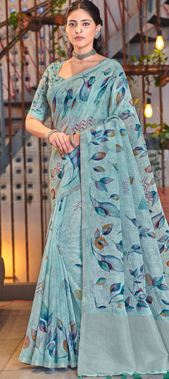 Blue color Saree in Linen fabric with Floral, Printed work