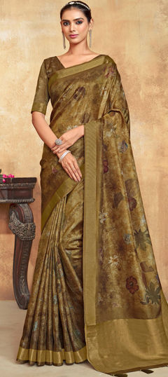 Beige and Brown color Saree in Silk fabric with Floral, Printed work