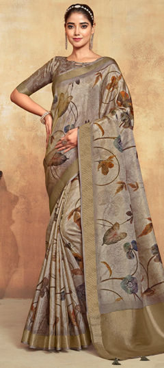 Black and Grey color Saree in Silk fabric with Floral, Printed work