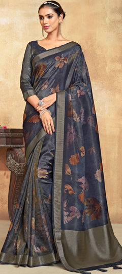 Blue color Saree in Silk fabric with Floral, Printed work