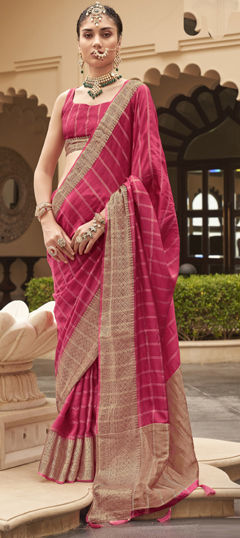 Pink and Majenta color Saree in Silk fabric with Weaving work