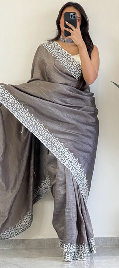 Black and Grey color Saree in Crushed Silk fabric with Weaving work