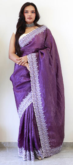 Purple and Violet color Saree in Crushed Silk fabric with Weaving work