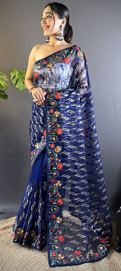 Blue color Saree in Net fabric with Embroidered, Resham, Thread work