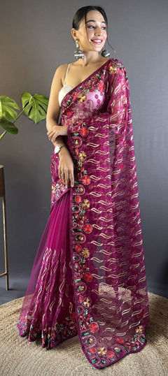 Pink and Majenta color Saree in Net fabric with Embroidered, Resham, Thread work