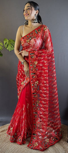 Red and Maroon color Saree in Net fabric with Embroidered, Resham, Thread work