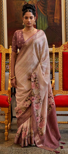 Pink and Majenta color Saree in Chiffon fabric with Cut Dana, Floral, Printed, Weaving work