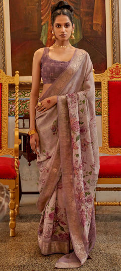 Pink and Majenta color Saree in Chiffon fabric with Cut Dana, Floral, Printed, Weaving work