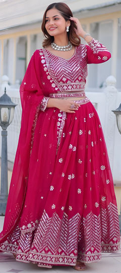 Pink and Majenta color Ready to Wear Lehenga in Faux Georgette fabric with Embroidered, Sequence, Thread work