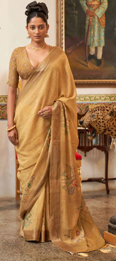 Gold color Saree in Chiffon fabric with Cut Dana, Floral, Printed, Weaving work