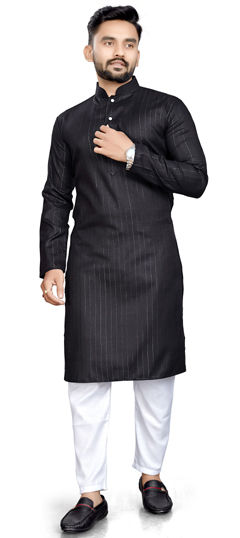 Black and Grey color Kurta Pyjamas in Cotton fabric with Thread work