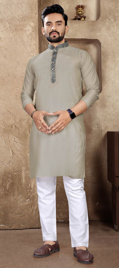 Black and Grey color Kurta Pyjamas in Linen fabric with Thread work