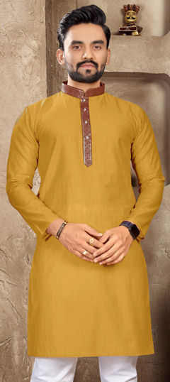 Yellow color Kurta in Linen fabric with Thread work