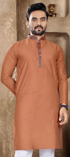 Orange color Kurta in Linen fabric with Thread work