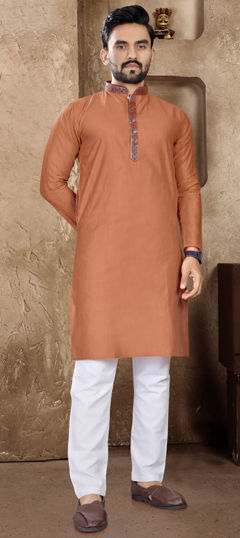 Orange color Kurta Pyjamas in Linen fabric with Thread work