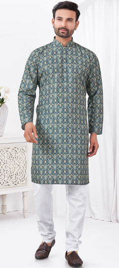 Blue color Kurta Pyjamas in Rayon fabric with Digital Print work