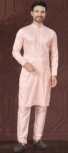 Pink and Majenta color Kurta Pyjamas in Art Silk fabric with Embroidered, Sequence work