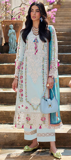 Blue color Salwar Kameez in Cotton fabric with Embroidered, Resham, Thread work