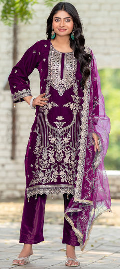 Purple and Violet color Salwar Kameez in Velvet fabric with Embroidered, Thread work