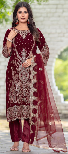 Red and Maroon color Salwar Kameez in Velvet fabric with Embroidered, Thread work