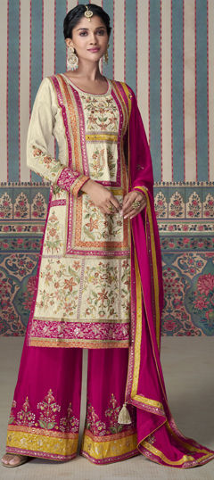 Beige and Brown color Salwar Kameez in Viscose fabric with Embroidered, Resham, Sequence, Thread work