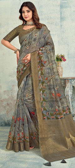 Black and Grey color Saree in Silk fabric with Printed, Weaving work