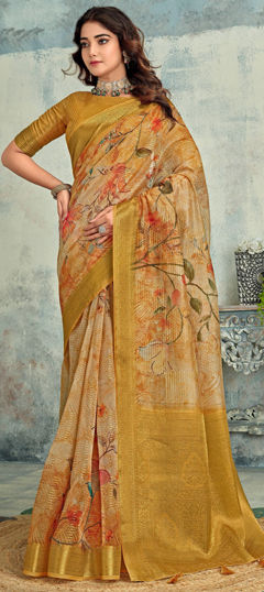 Black and Grey color Saree in Silk fabric with Printed, Weaving work