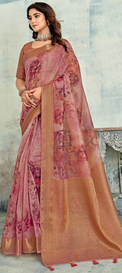 Pink and Majenta color Saree in Silk fabric with Printed, Weaving work