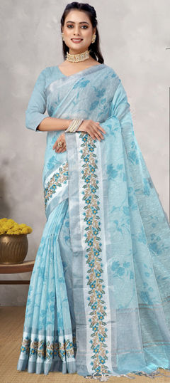 Blue color Saree in Linen fabric with Printed work